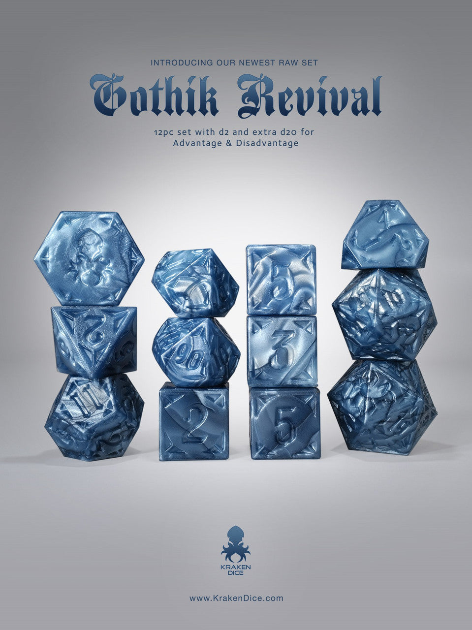 RAW Blue Gothik Revival  RPG 12pc Dice Set
